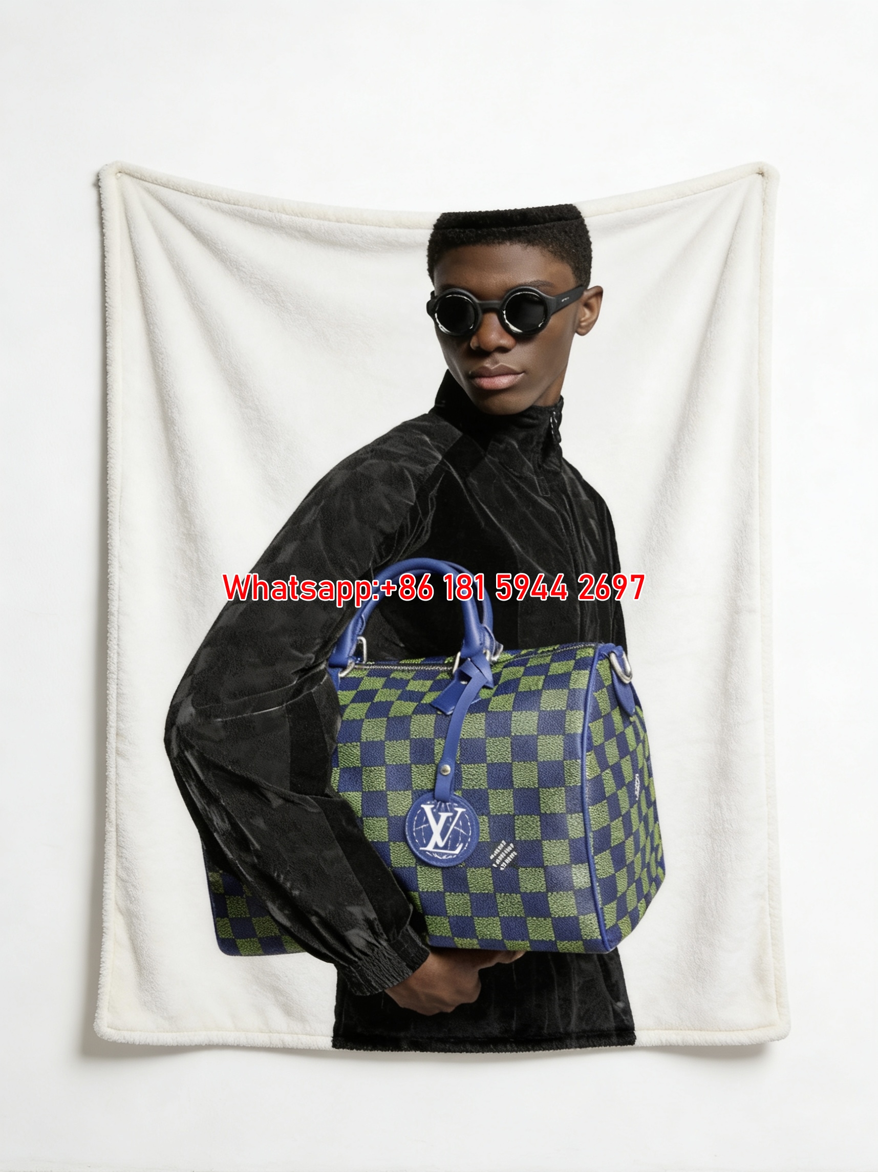 Luxury Green Blue LV Checker Bag Flannel Sofa Throw Blanket 471